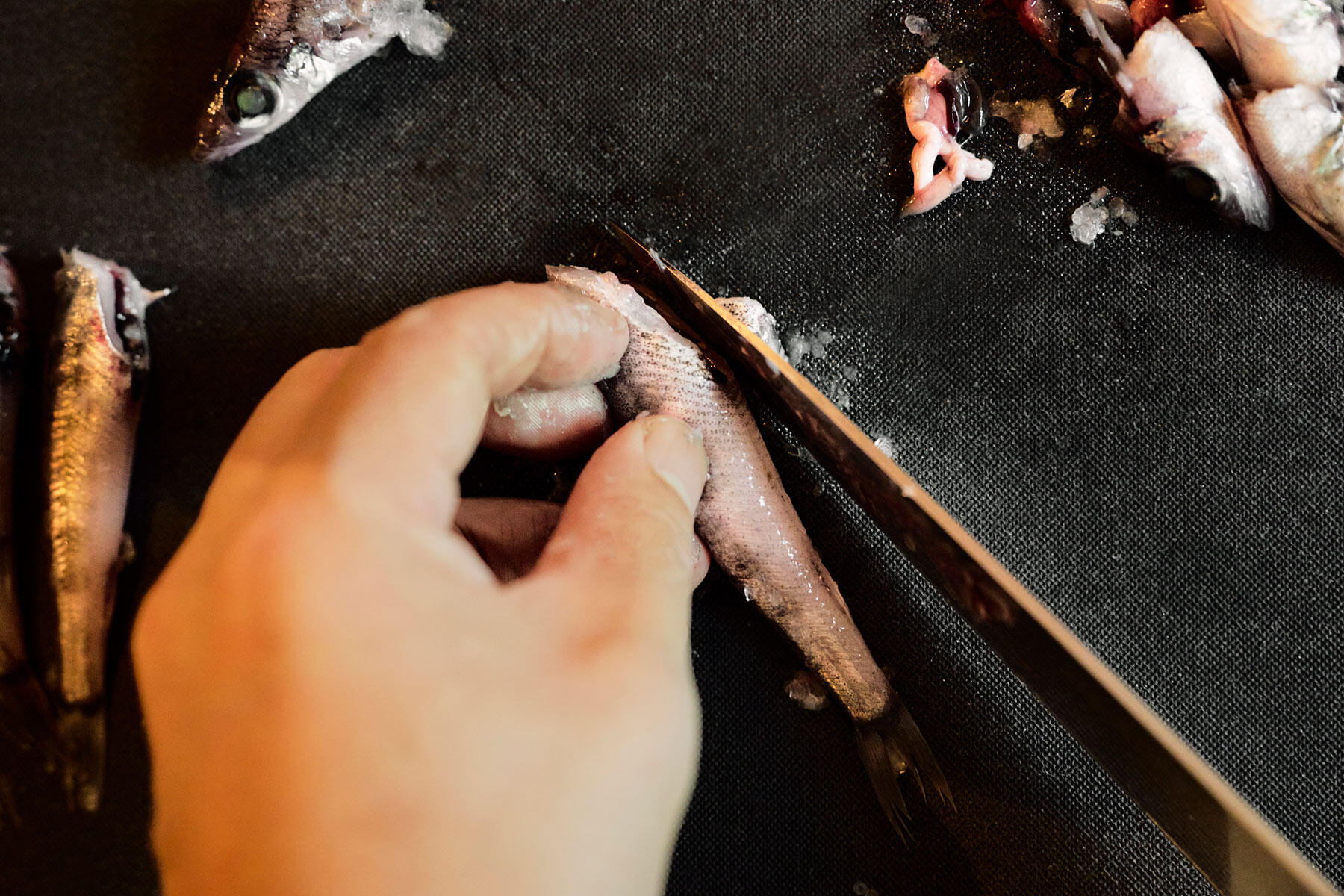 腹ビレまで斜めに切り落とす