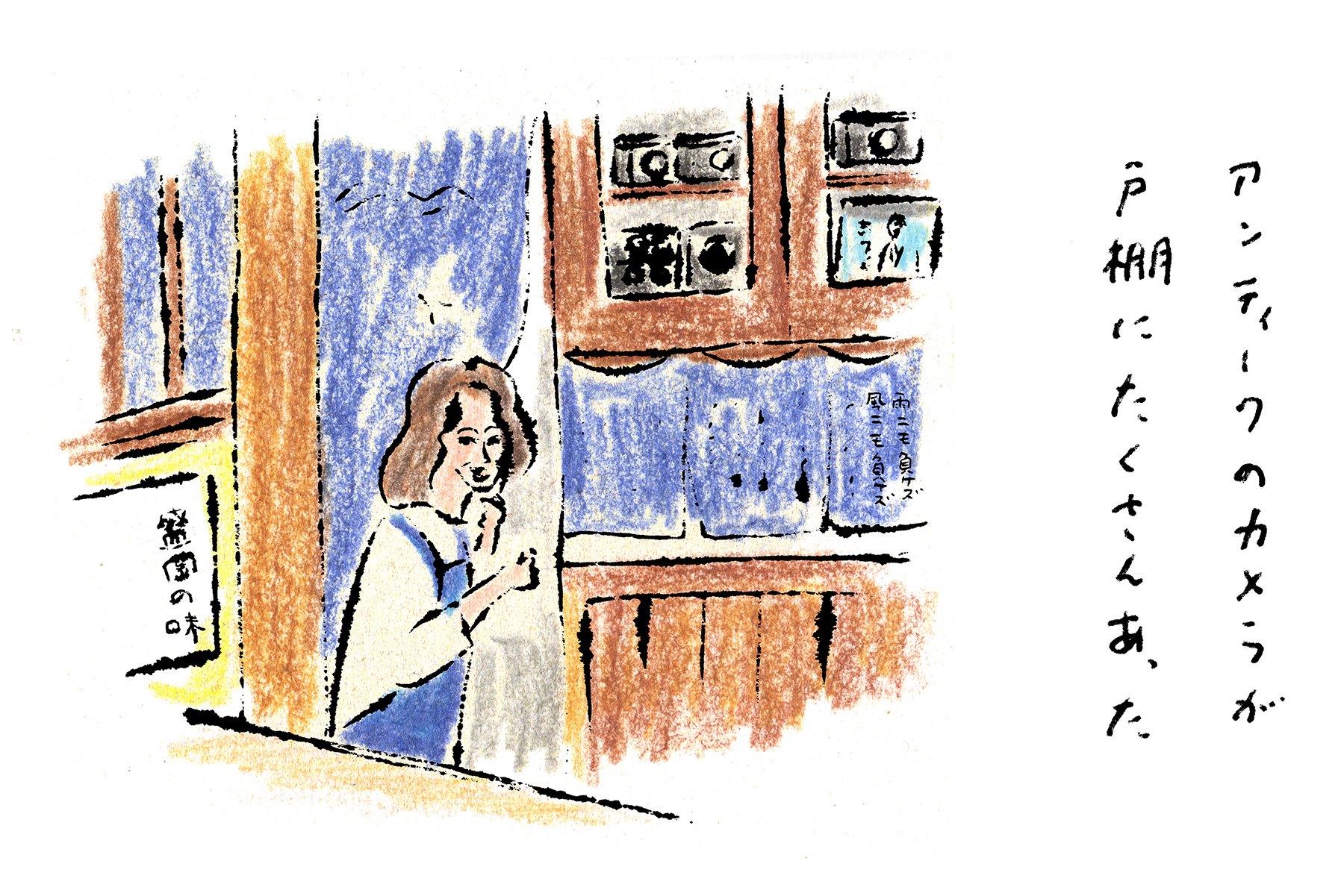 カウンターの前、いち番隅に置かれた戸棚には古いカメラのコレクションが。いま、休養されている店主の趣味なのだろうか。