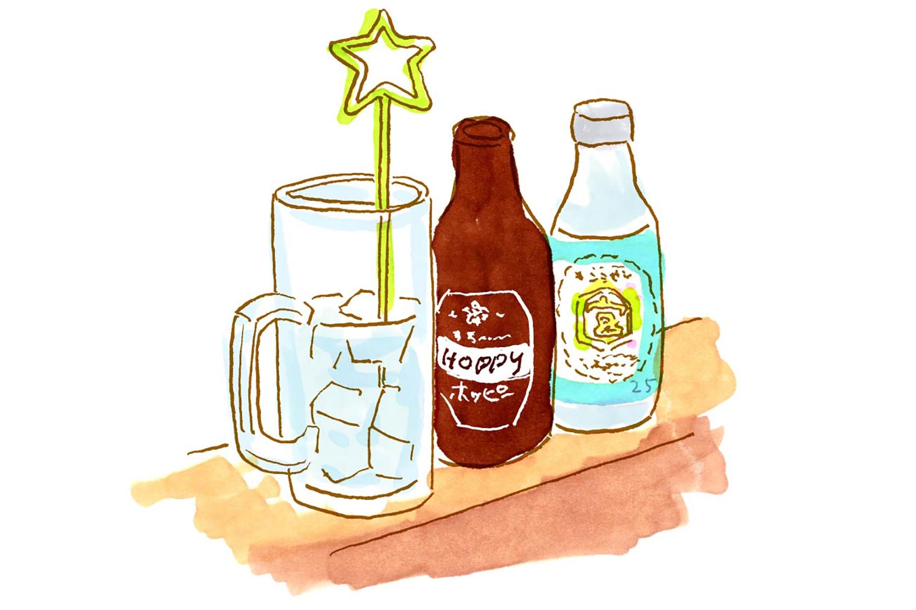 「中」はキンミヤのミニボトル。好きな濃さで飲めるのがうれしい。