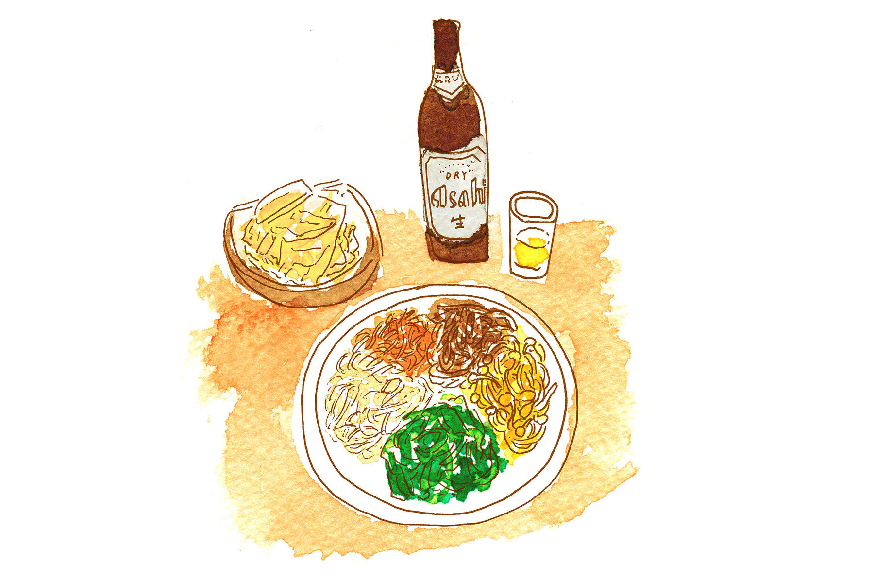 瓶ビールとナムルとキムチ