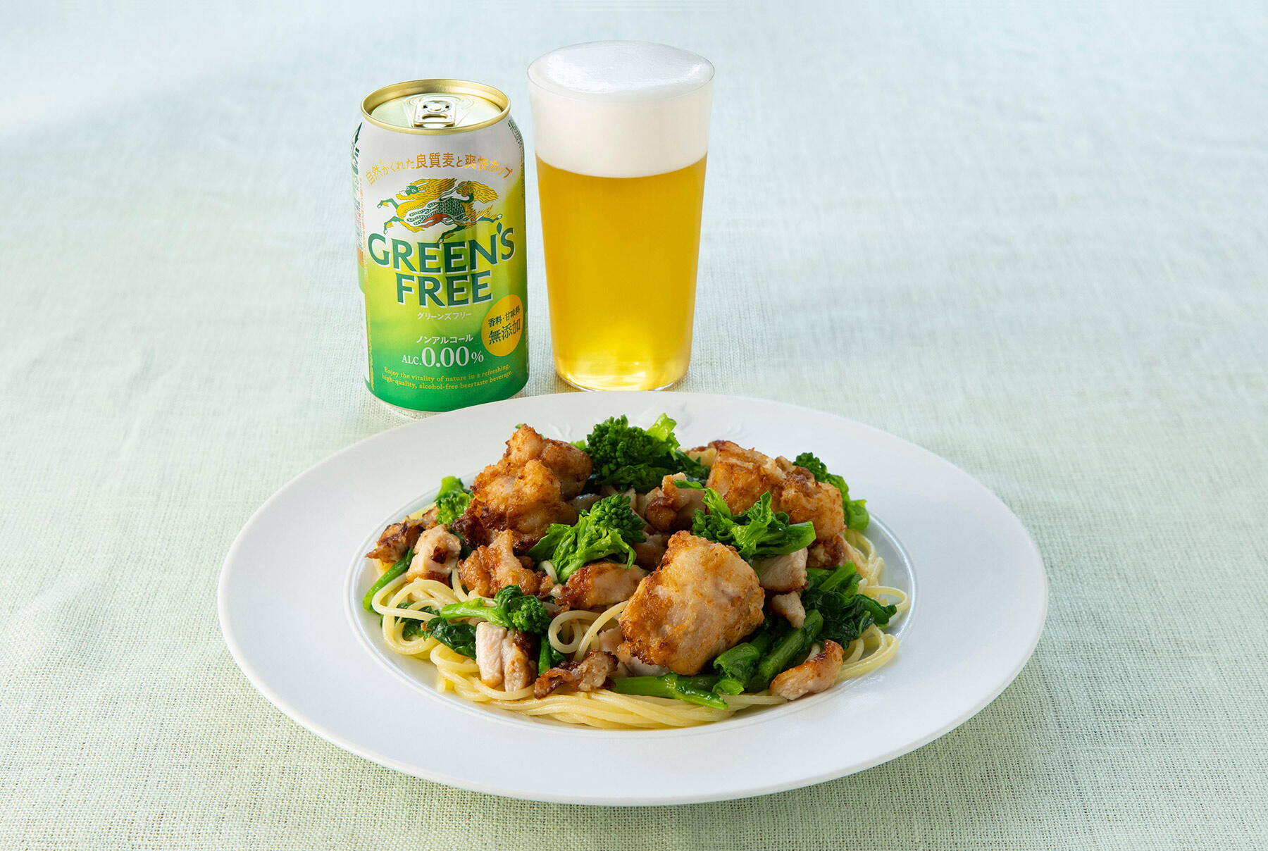 唐揚げと菜の花のスパゲッティ