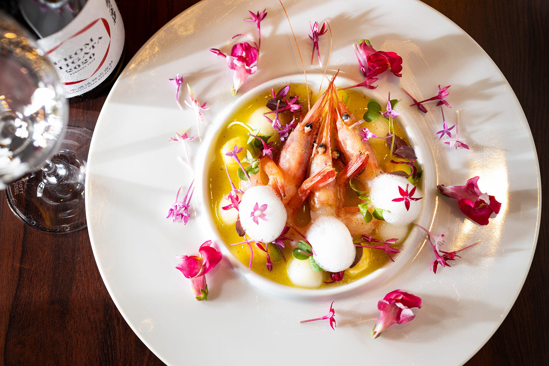 甘海老のキウイ酢ソース 豆乳のフォーム