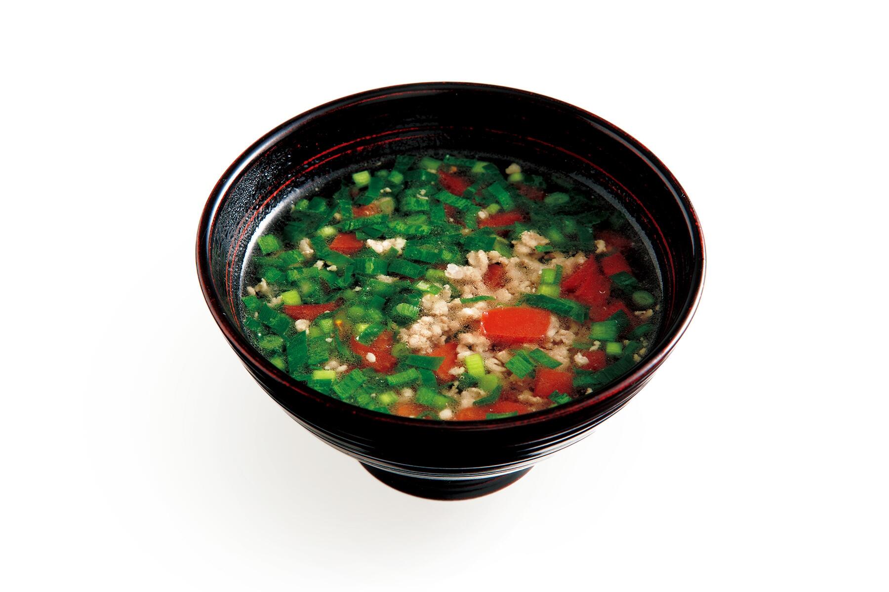 香りと酸味が秀逸！“豚挽き肉とにらのすまし汁”