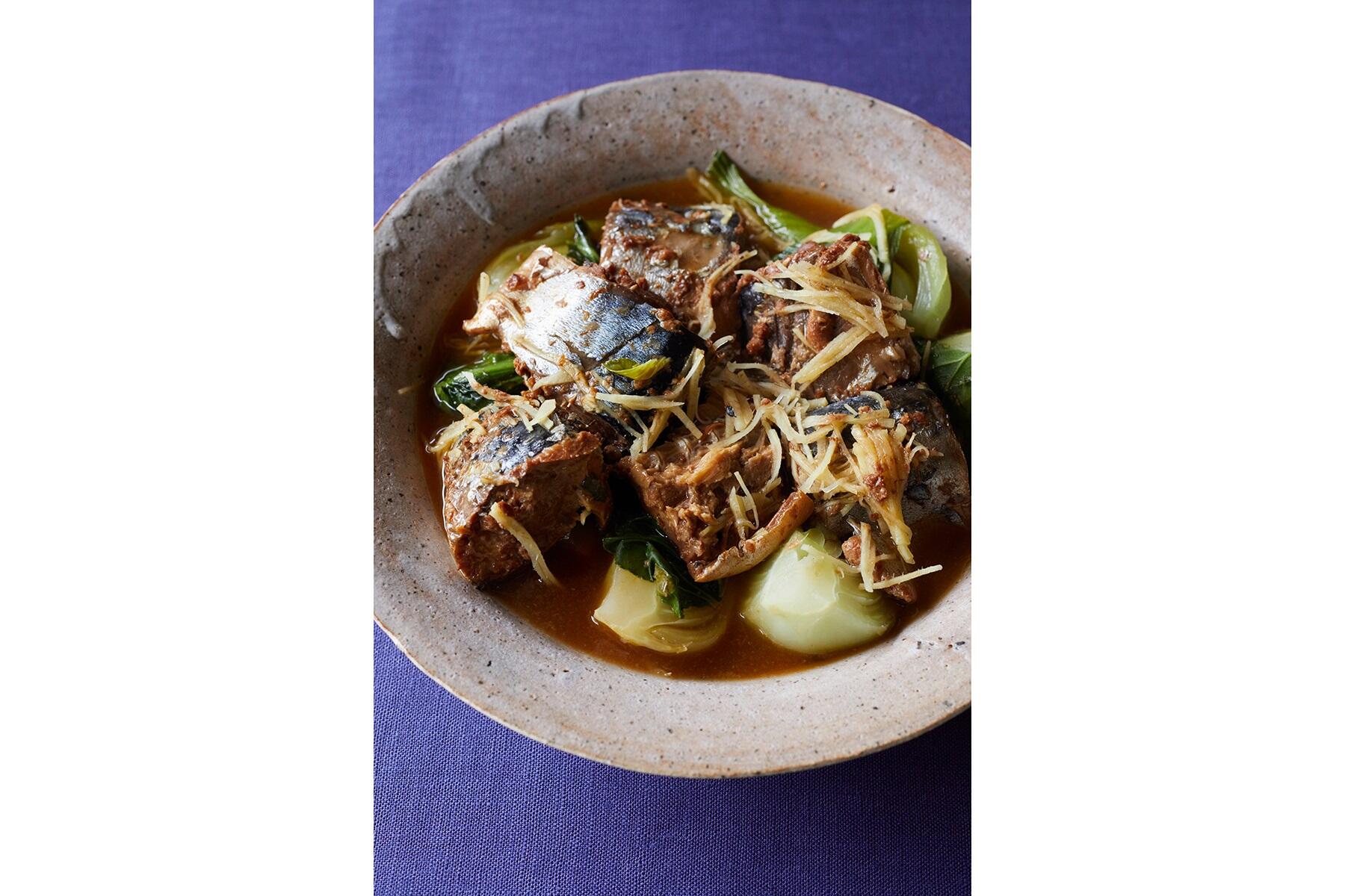 サバ缶とチンゲン菜の重ね蒸し